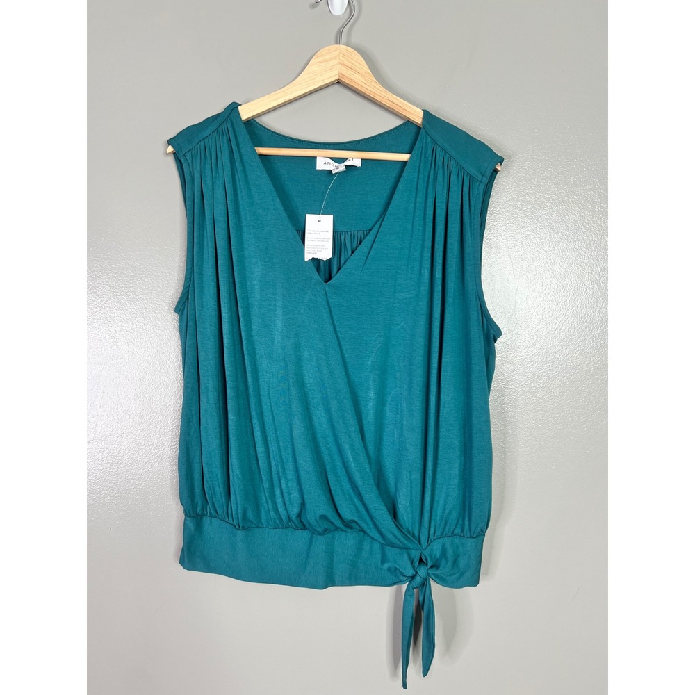 Amour Vert Teal Green Surplice Side Tie Blouse Sleeveless Top XL